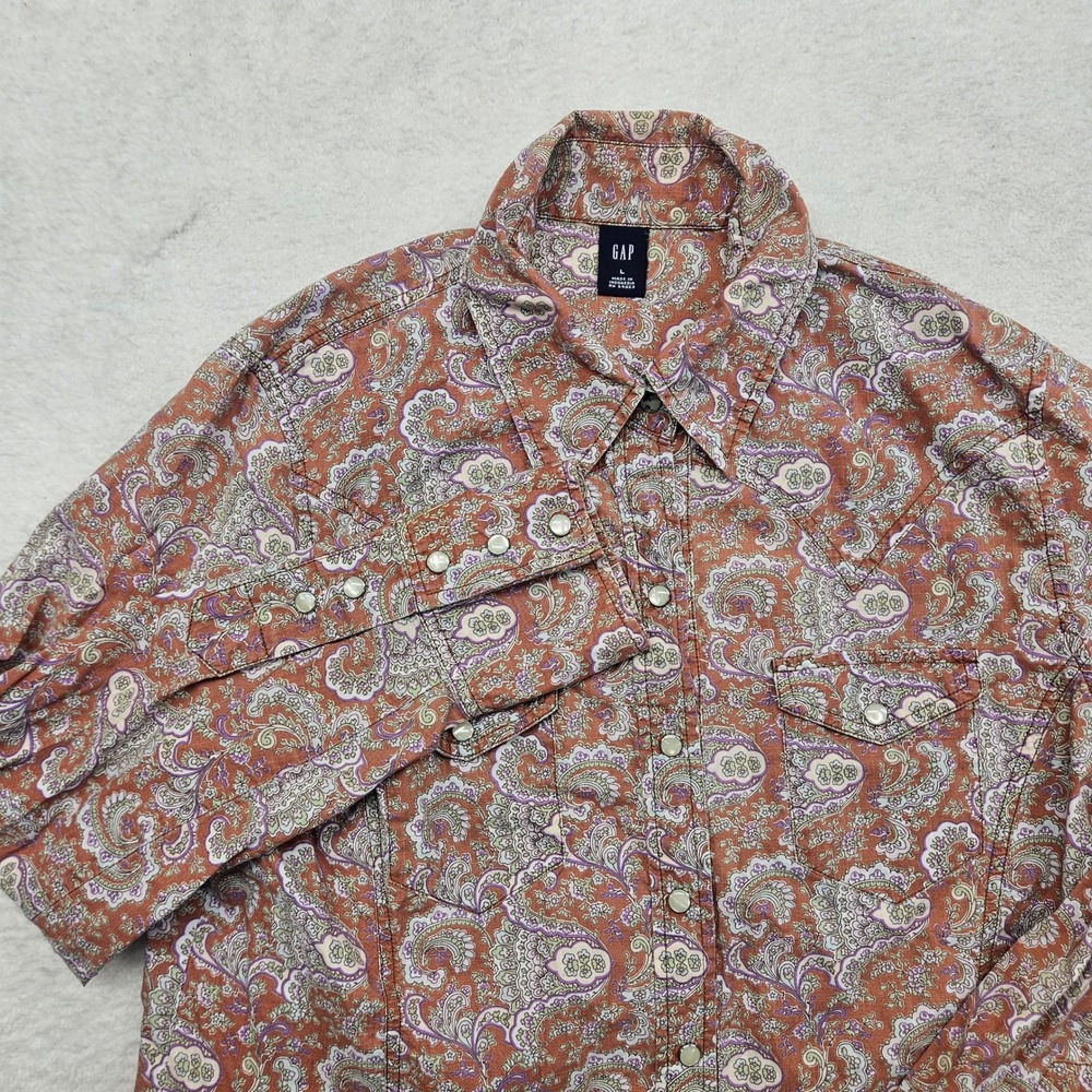 GAP Womens Large Paisley Western Snap Button Down Shirt Terracotta Purple L